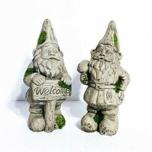Garden Welcome Gnome Statues Gray Moss Covered Cement 6" Garden Decor New